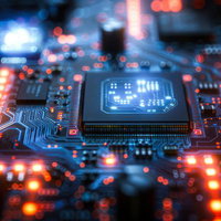 発光する半導体チップと複雑な電子回路のテクノロジー風景の写真