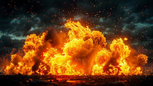 地面から燃え盛る爆風と炎