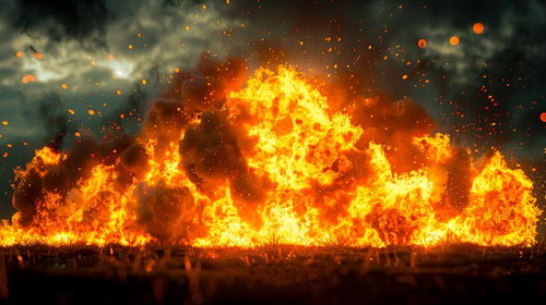 大爆発による火炎が焦がす瞬間の破壊的な光景