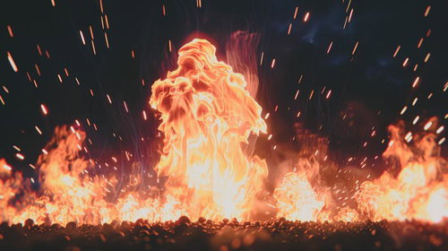 燃え盛る火炎が爆発する壮大なシーンと火の粉
