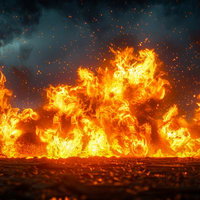 燃え広がる激しい炎と舞い上がる火の粉が渦巻く炎上シーンの写真