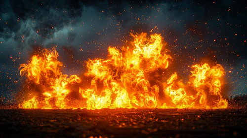 燃え広がる激しい炎と舞い上がる火の粉が渦巻く炎上シーン