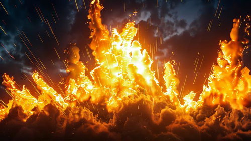 空へと燃え上がる大規模爆発と火の粉が降り注ぐ夜空