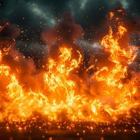 爆発的に燃え広がる炎と火の粉、黄金色とオレンジ色の激しい炎柱の写真