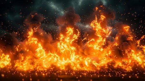 爆発的に燃え広がる炎と火の粉、黄金色とオレンジ色の激しい炎柱