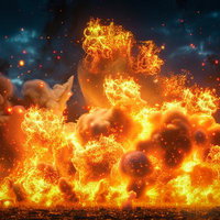 火の粉が飛び散る大規模爆発の一瞬、炎と衝撃波のエネルギー表現の写真