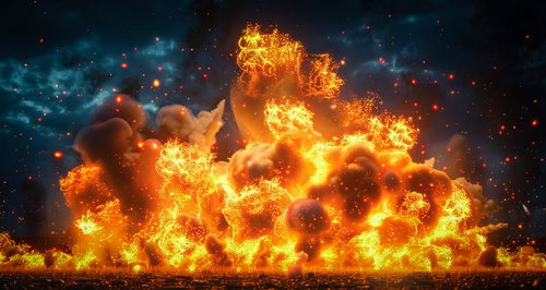 火の粉が飛び散る大規模爆発の一瞬、炎と衝撃波のエネルギー表現