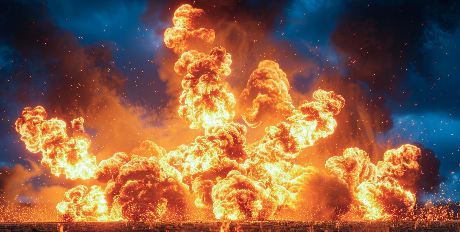 オレンジと黄色の大きな炎が空に立ち上る爆発シーン