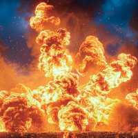 炎が空へと舞い上がる大爆発、火柱と火の粉が激しく散乱するVFXの写真