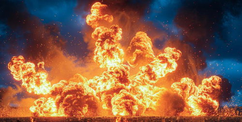 炎が空へと舞い上がる大爆発、火柱と火の粉が激しく散乱するVFX