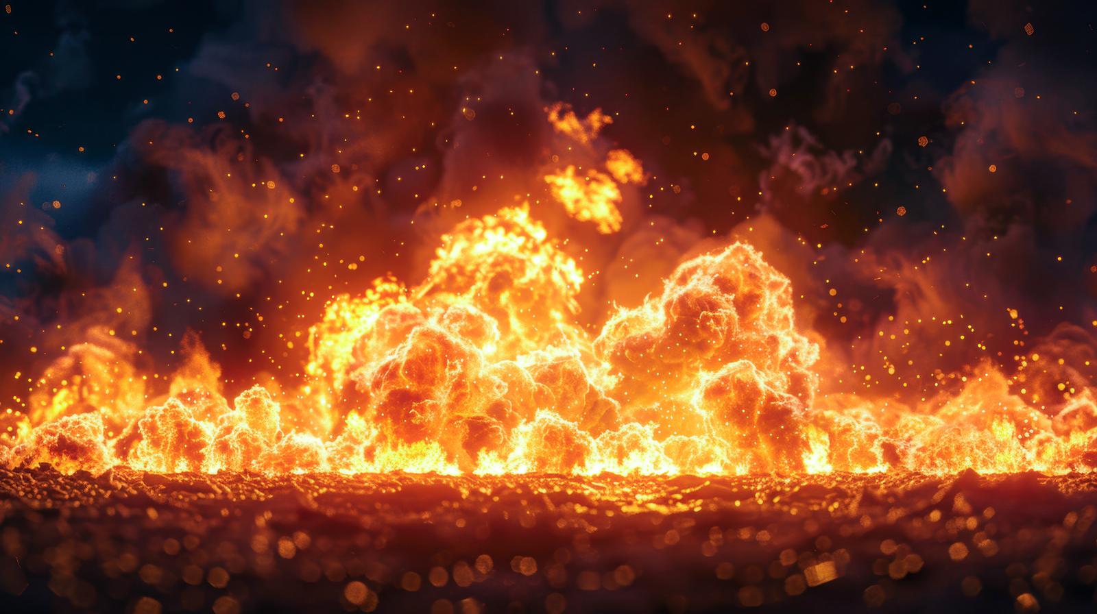 黒い背景からオレンジ色の炎が巻き上がり火の粉が散り散る爆発シーン