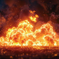 炎が巻き上がる壮大な爆発と火の粉が舞う夜空のビジュアルエフェクトの写真