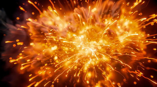 火炎エネルギーの閃光と爆発、光線と火の粒が飛散する高エネルギー爆発
