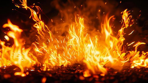 力強く燃え上がる火炎の躍動と炎上する黒背景の炎のダイナミクス