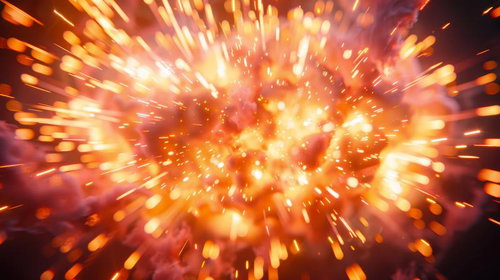 中央から放射する大爆発の火花と光跡、エネルギー衝撃のダイナミック光