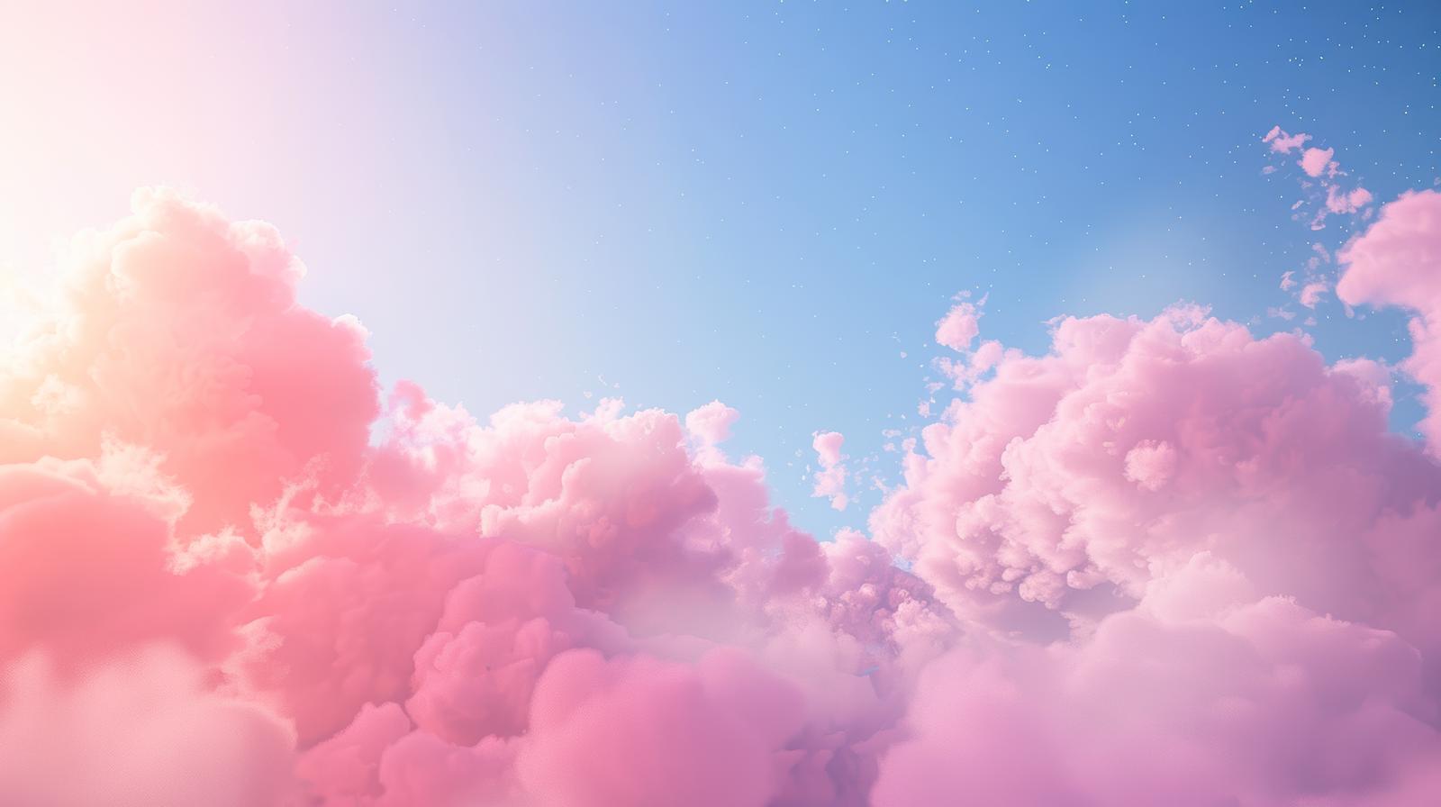 ピンク色の雲が立ち込める朝焼けの空に白い雲が浮かぶ