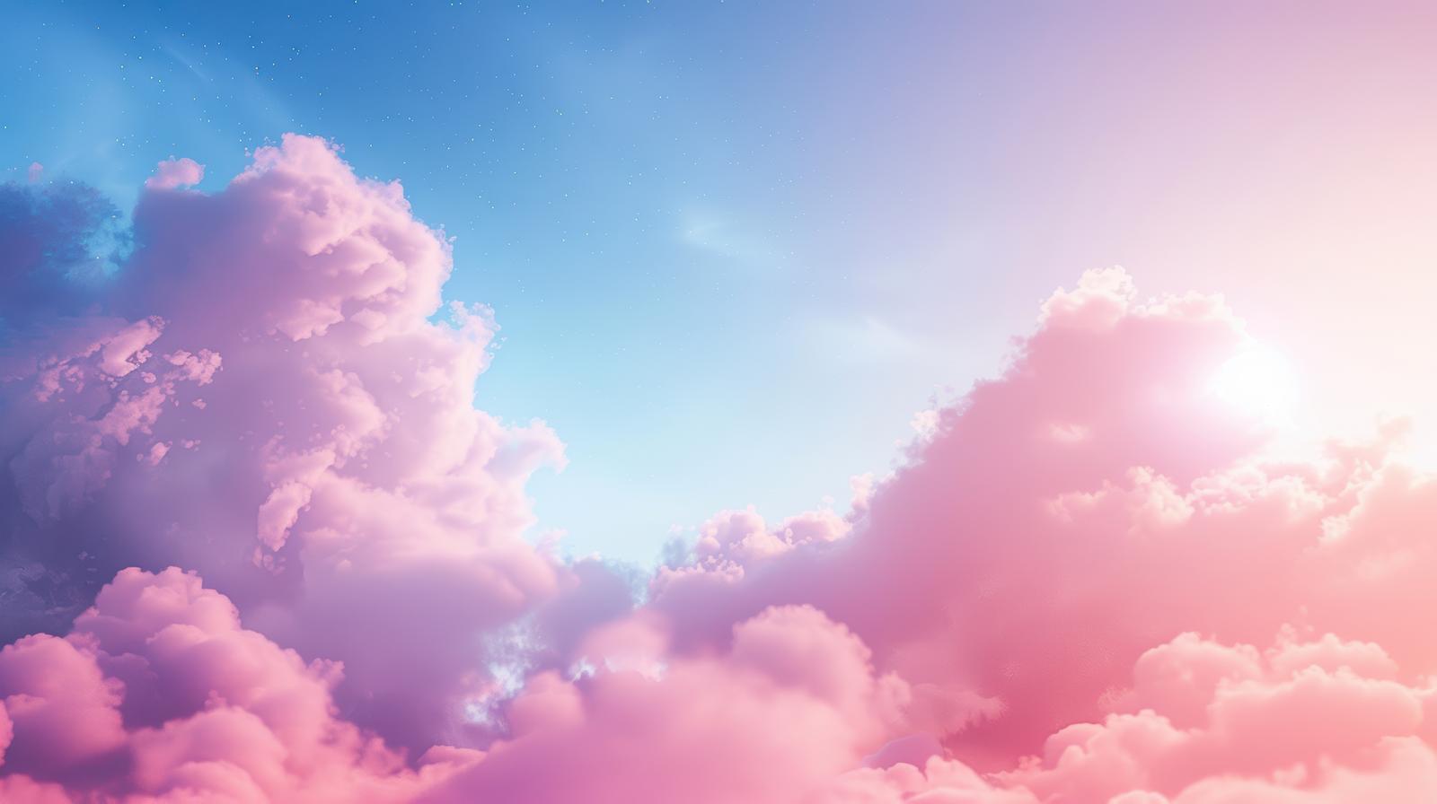 ピンクと紫の雲が立体的に広がる青空の風景