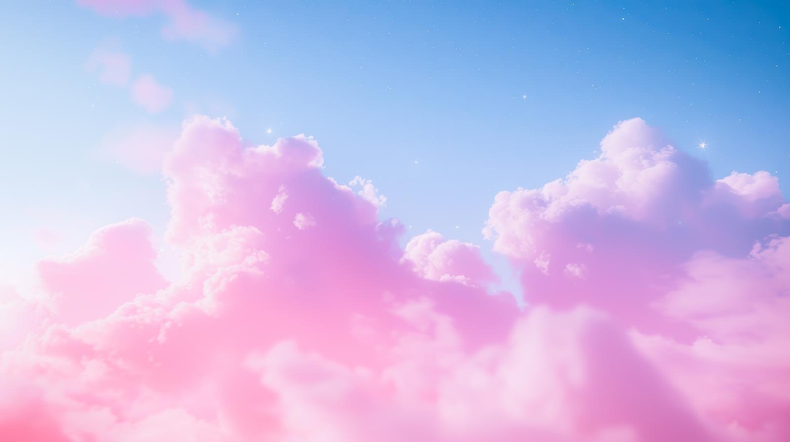 ピンク色の雲が浮かぶファンタジー風の空と星々