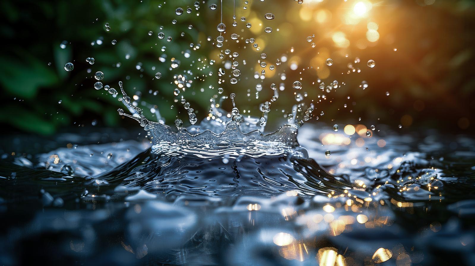 光に照らされた水面から飛び散る水飛沫が舞い上がるスプラッシュ