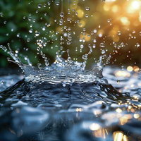 光が射す水面に跳ねる水滴のスプラッシュショットの写真