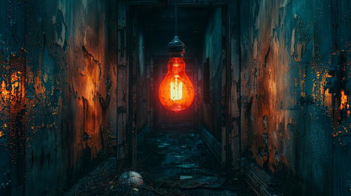 廃れた廊下に赤く点灯する電球が照らす不気味な光景