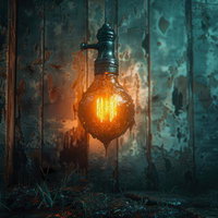 朽ちた壁の廃墟に灯る孤独な電球の光と影の風景の写真