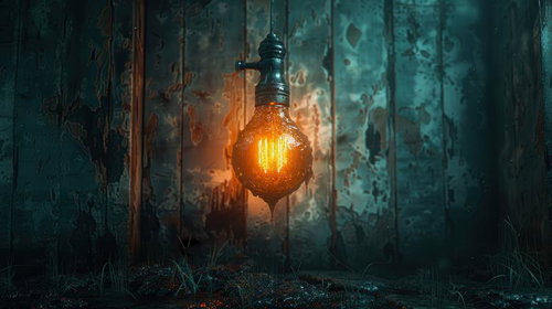 荒廃した廃墟に灯るオレンジの電球