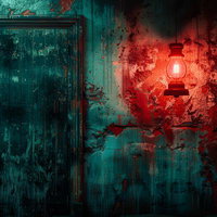 廃墟に灯る赤いランプが放つ不気味な光と古びた扉の写真