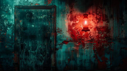 廃墟に灯る赤いランプが放つ不気味な光と古びた扉