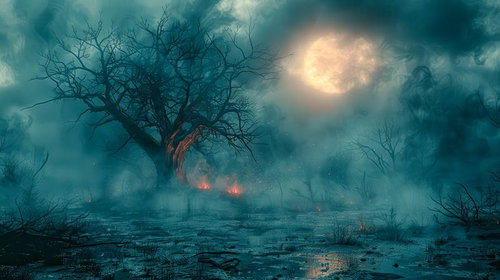 満月の夜に立ち込める煙、枯れ木が焼ける山火事の猛威