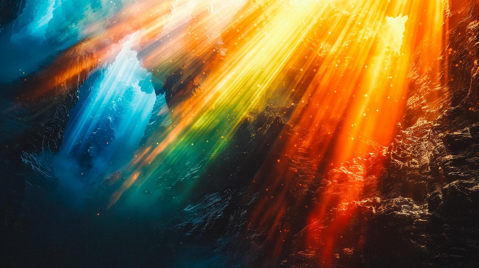 水中で青からオレンジへ色が変わる光の帯が岩壁を照らしている