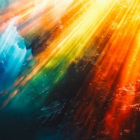 水中の岩壁に舞い降りる色鮮やかな光の帯：神秘的な深海の光線の写真