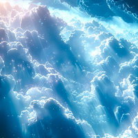 天空から降り注ぐ薄明光線と雲海の光景、神秘的な光のシャワーの写真