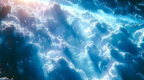 天空から降り注ぐ薄明光線と雲海の光景、神秘的な光のシャワー