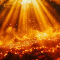 降り注ぐ黄金の光と輝く粒子が舞う幻想的な風景の写真