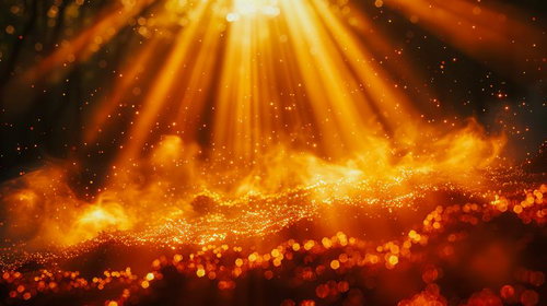 降り注ぐ黄金の光と輝く粒子が舞う幻想的な風景