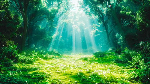 緑豊かな森に差し込む天使の梯子と木漏れ日