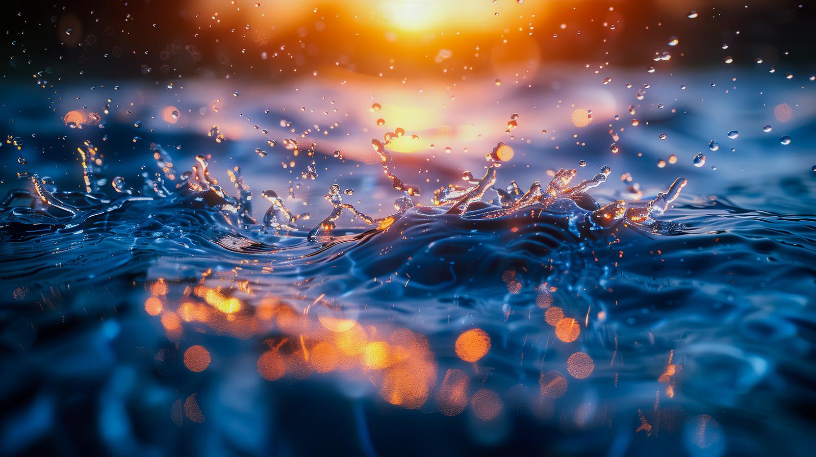 オレンジ色の夕日の光に照らされた青い水面から上がる水飛沫