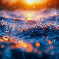 夕焼けの光が輝く水面の水飛沫と波のスプラッシュの写真