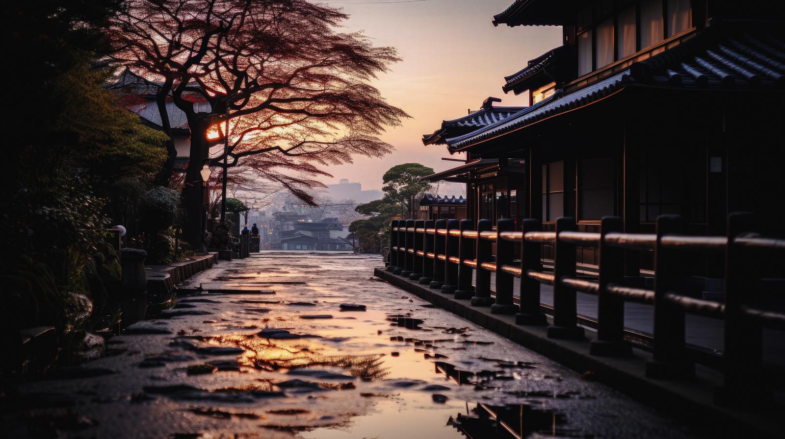夜明けの光に照らされた和風建築と石畳の道