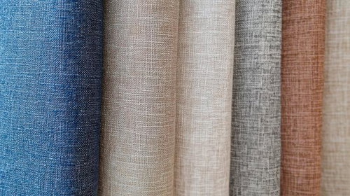 ブルーからベージュまで6色の布地を重ねたテキスタイル見本