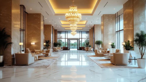 豪華なシャンデリアが輝く高級ホテルのロビーラウンジ