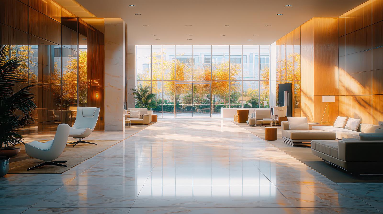 秋景色が見える木調とガラスのホテルロビー空間