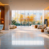 秋の眺望が広がるガラス窓と木調が調和するホテルロビーの写真