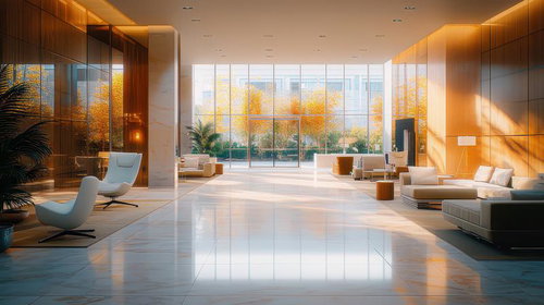 秋の眺望が広がるガラス窓と木調が調和するホテルロビー