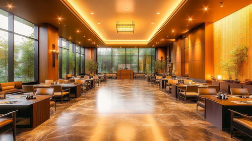 ウッド調の装飾が映えるラグジュアリーホテルのエントランスロビー