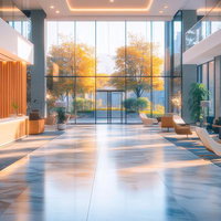 秋の景色を望む洗練されたモダンホテルロビーのエントランスの写真