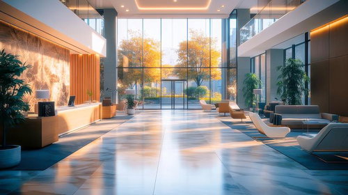 秋の景色を望む洗練されたモダンホテルロビーのエントランス