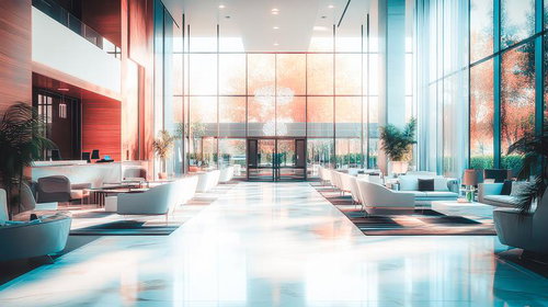ガラス窓から光が差し込むラグジュアリーホテルのエントランス