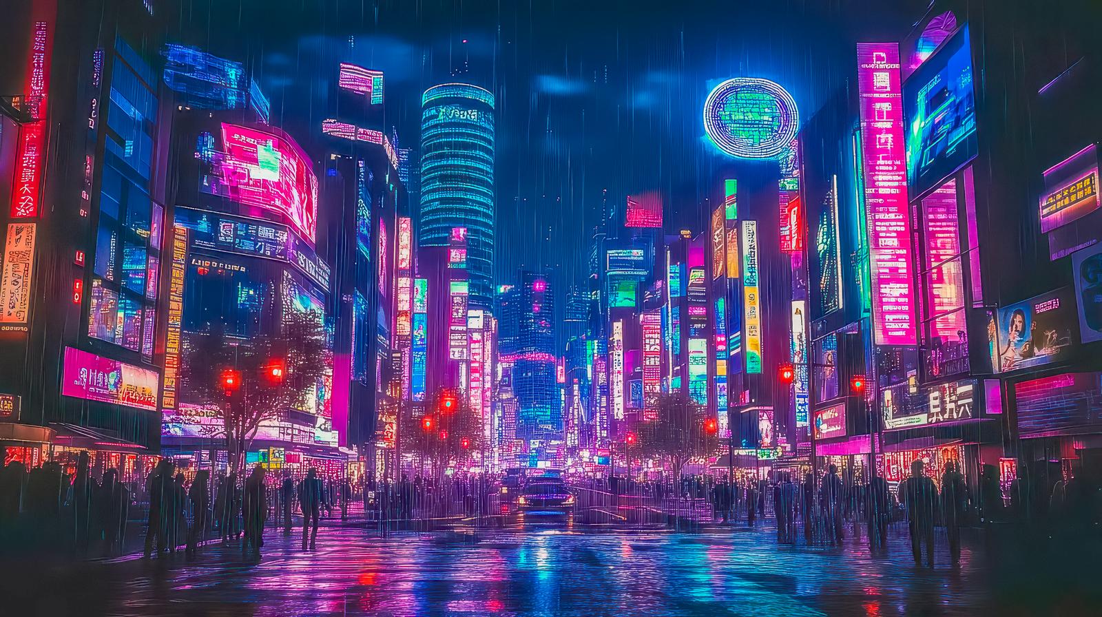ネオン看板が輝くサイバーパンク風の都市。高層ビルと雨の街路